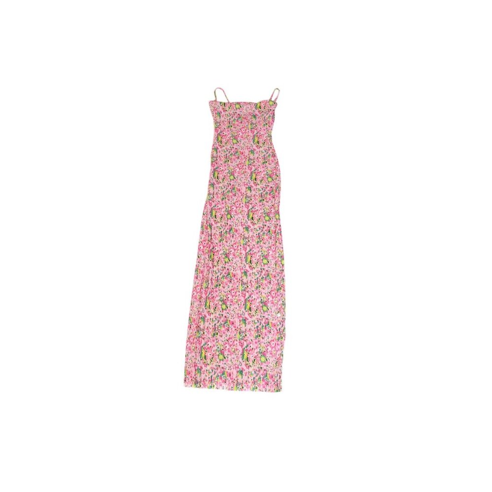 PrettyLittleThing Pink Abstract Floral Printed Plisse Strappy Maxi Dress Size 4 - Picture 2 of 5